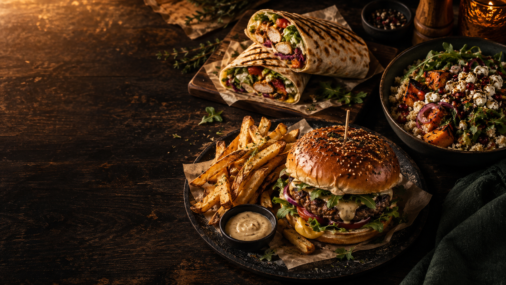 Burger, frites et plats servis sur une table en bois sombre